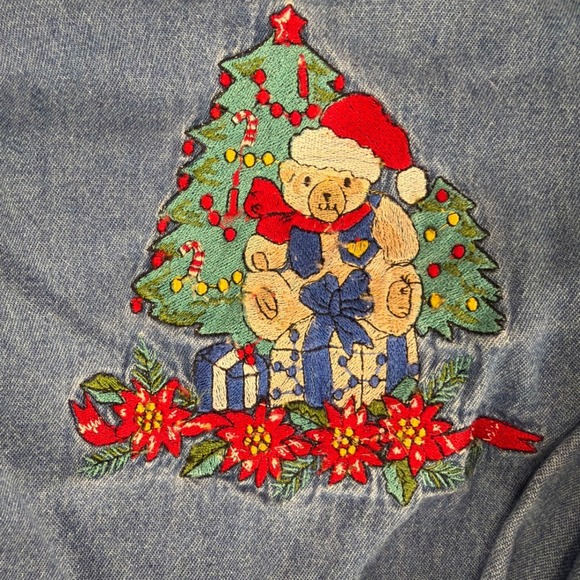 Vintage Denim Christmas Shirt Teddy Bear Holiday Button Down Long Sleeve - Picture 4 of 6